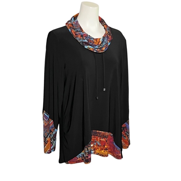 Ali Miles Slinky Black Tunic Top Size Large Colorful Trim Cowl Neck Lagenlook - Picture 4 of 9